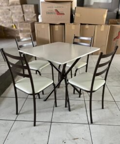 Mesa Quadrada 75 x 75 cm Base Ipanema com 4 Cadeiras Marabá Marrom e Off-White - Teixeira