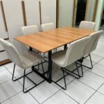 Mesa 1,60 x 0,90 m Tampo Madeira Proa Luna com 6 Cadeiras - Linho Bege