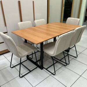 Mesa 1,60 x 0,90 m Tampo Madeira Proa Luna com 6 Cadeiras - Linho Bege