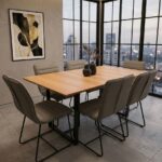 Mesa 1,60 x 0,90 m Tampo Madeira Proa Luna com 6 Cadeiras - Linho Marrom