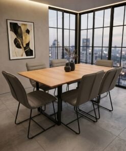 Mesa 1,60 x 0,90 m Tampo Madeira Proa Luna com 6 Cadeiras - Linho Marrom
