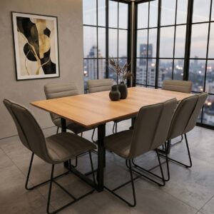 Mesa 1,60 x 0,90 m Tampo Madeira Proa Luna com 6 Cadeiras - Linho Marrom